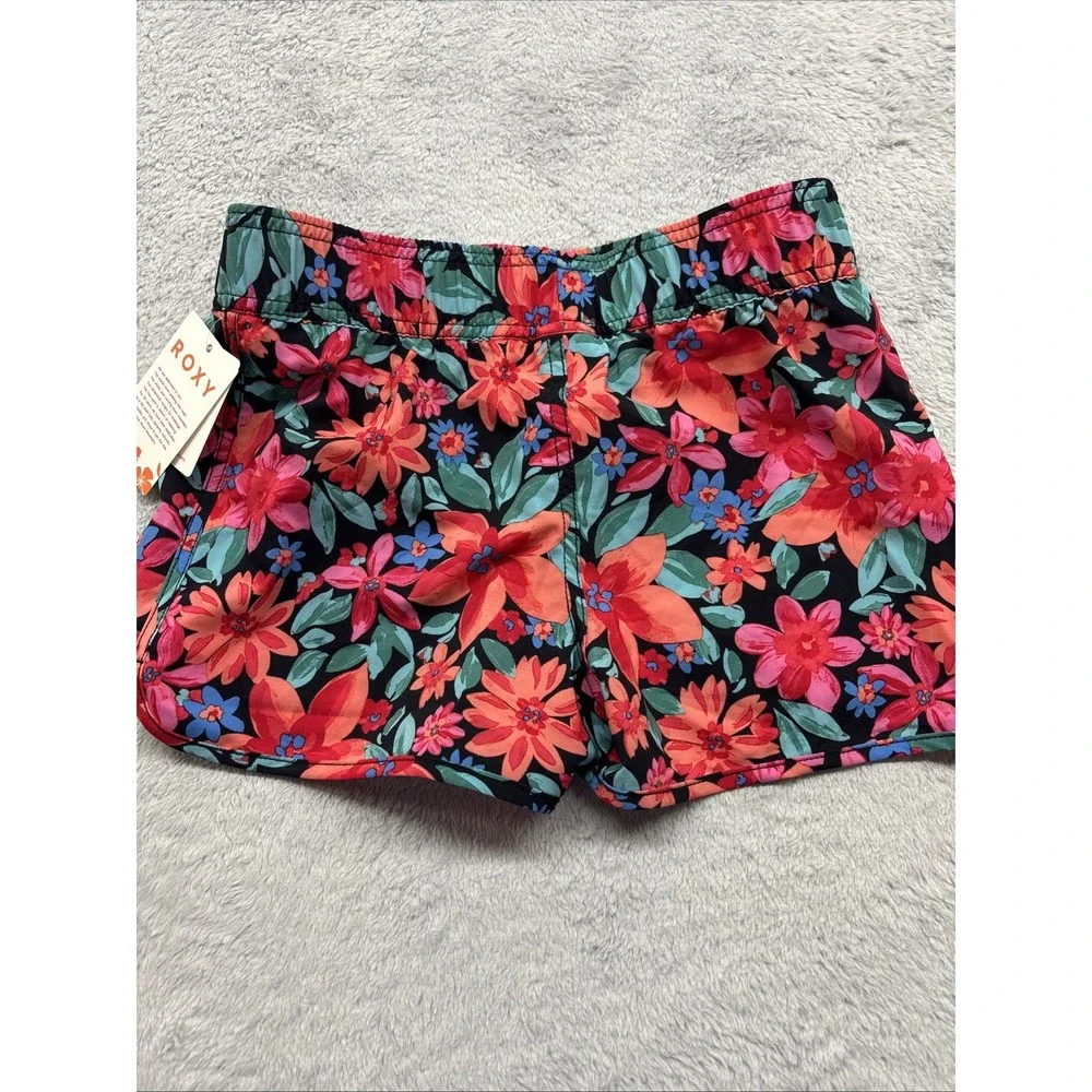 Roxy Girls Size‎ 12 L Good Waves Only Floral Board Shorts Black Pink ERGBS03118